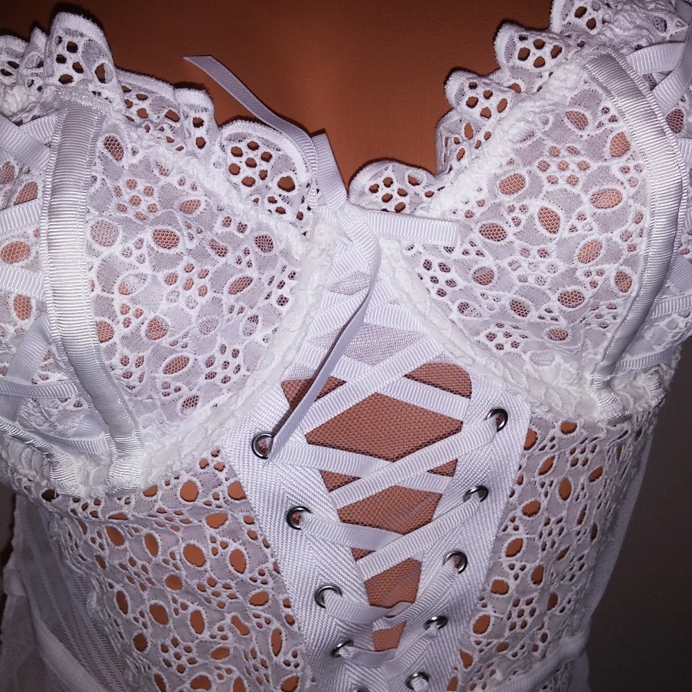 Victoria Secret Lingerie Teddy One Piece Bodysuit White Eyelet Sheer Thong‎ Back - Picture 6 of 16